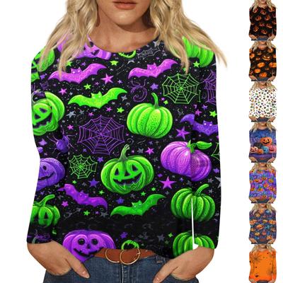 Blusa informal de manga larga con cuello redondo y estampado de Halloween para mujer