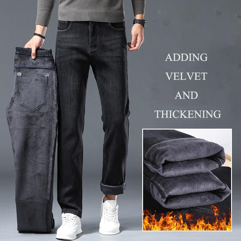 

Коллекция осень/зима 2024 года с толстым бархатом для мужчин, свободные прямые эластичные деловые повседневные теплые джинсовые длинные брюки 36 чёрный