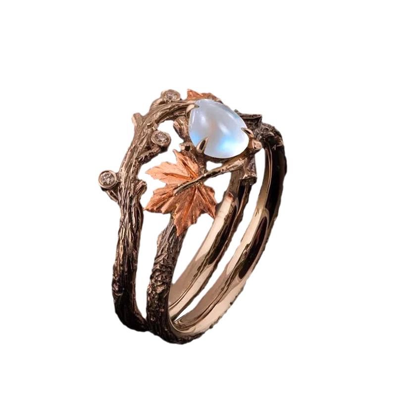 

For Women Girls Light Luxury Ring Jewelry Accessories Anniversary Gifts Vintage Antique Gold Twig Maple Leaf Moonstone Ring