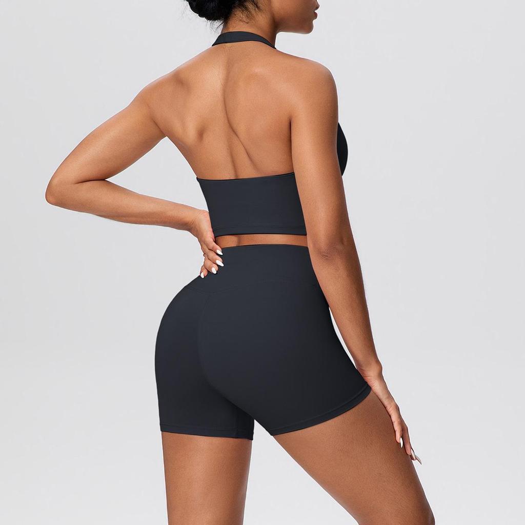 Solid Color Halter Sports Bra & Shorts Fitness Set