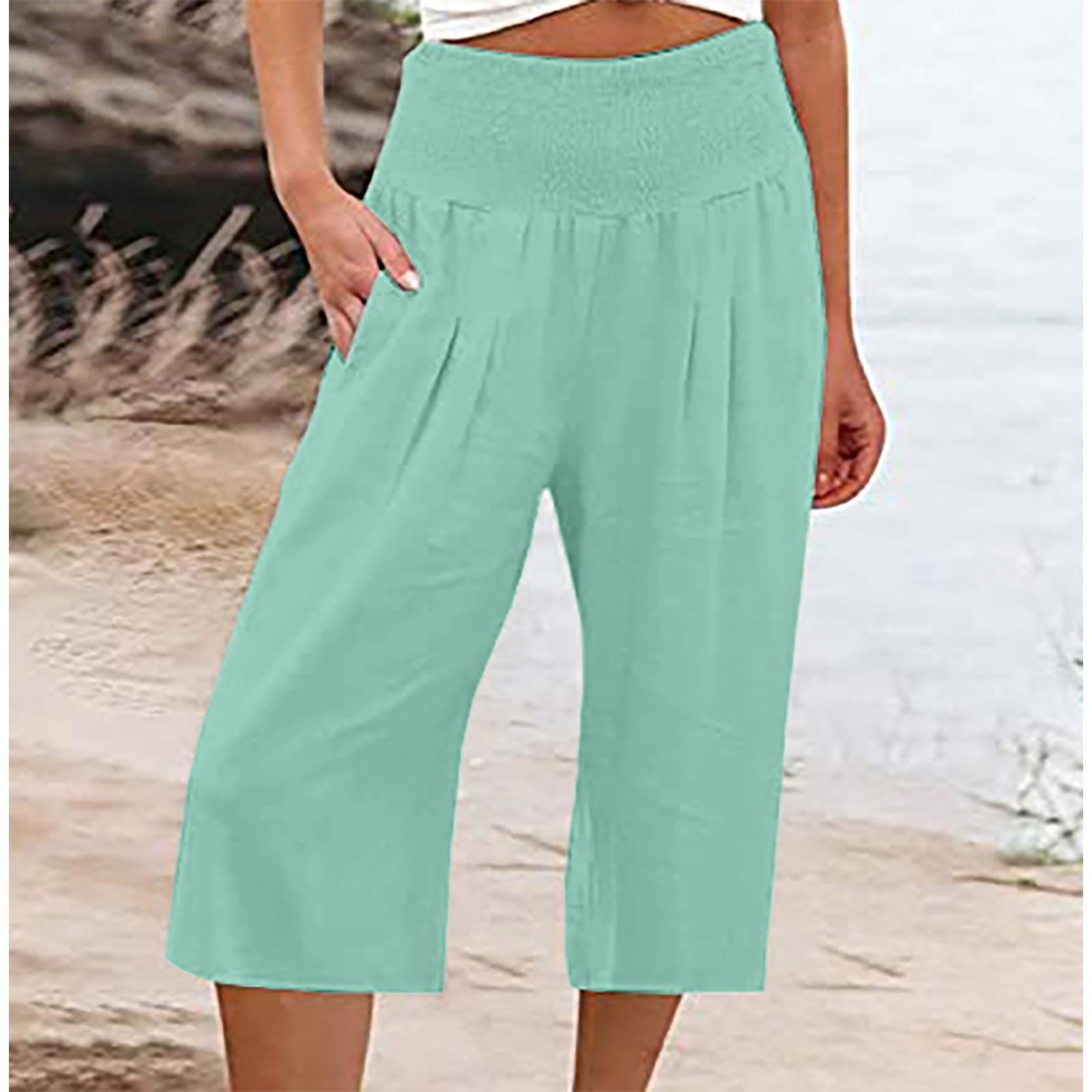 

Женские летние модные повседневные укороченные брюки с эластичной резинкой на талии, модная курортная одежда, брюки для пляжного отдыха XL бирюзовый