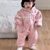 2025 Winter Korean Style Fleece-Lined Pink Cute Bunny One-Piece Romper, Super Adorable Long-Sleeve Outdoor Clothing for Baby Girls