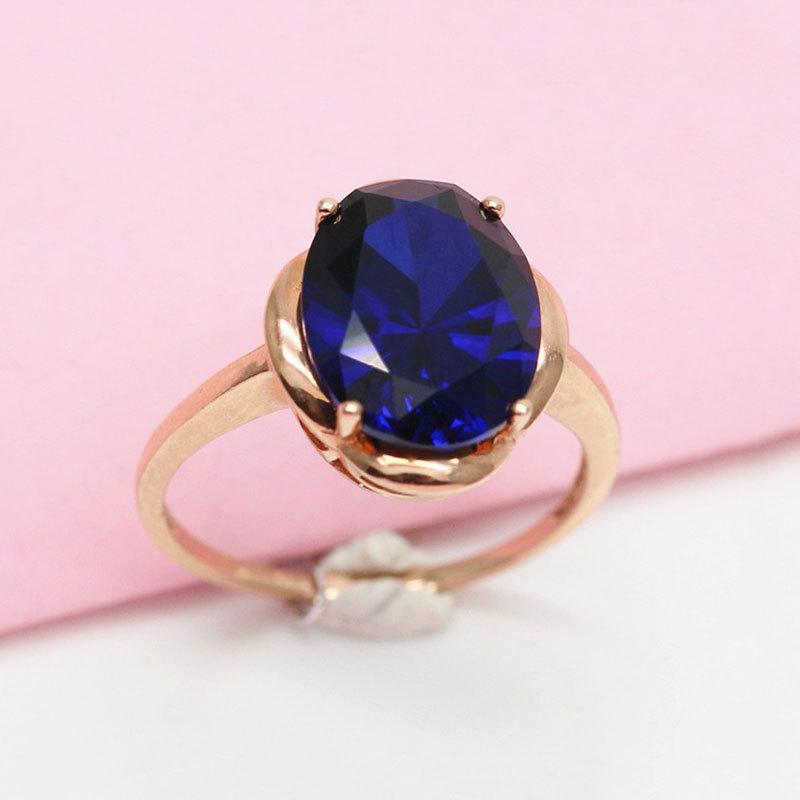 Russia 585 Purple Gold Inlaid Egg Surface Bluestone Ring Rose Gold Plated High-End Fashion Open Ring