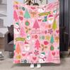A Pink Christmas-themed Throw Blanket with Santa Claus, Cute Reindeer, Holly Leaves Snowman Prints. A Shawl Blanket, Lap Blanket