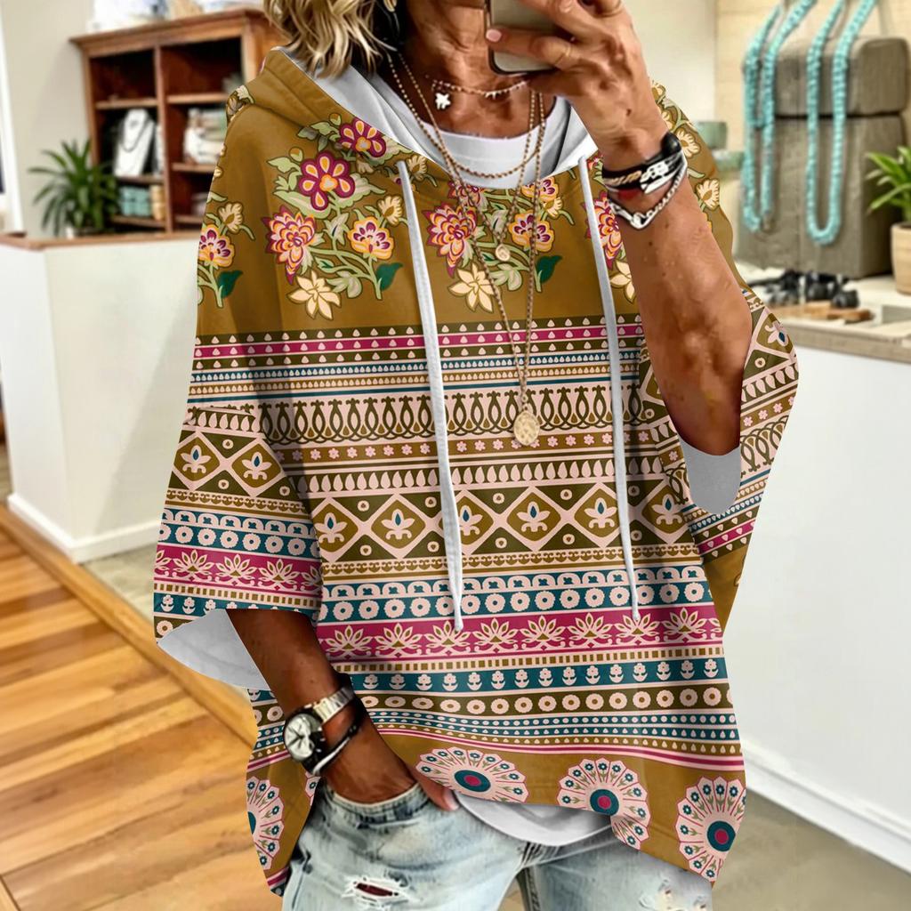 Damska bluza z kapturem w stylu vintage z kwiatowym nadrukiem i ściągaczem - Swobodny luźny top