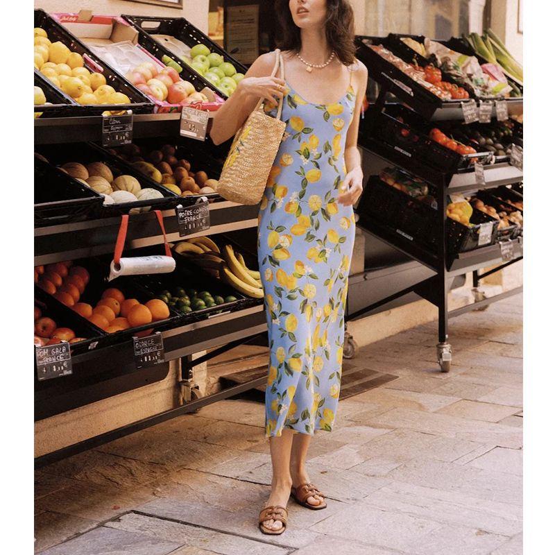 Summer New Product Women's Clothes French Oblique Cut Version Silm Slim Looking Lemon Printing Strap Length Dress