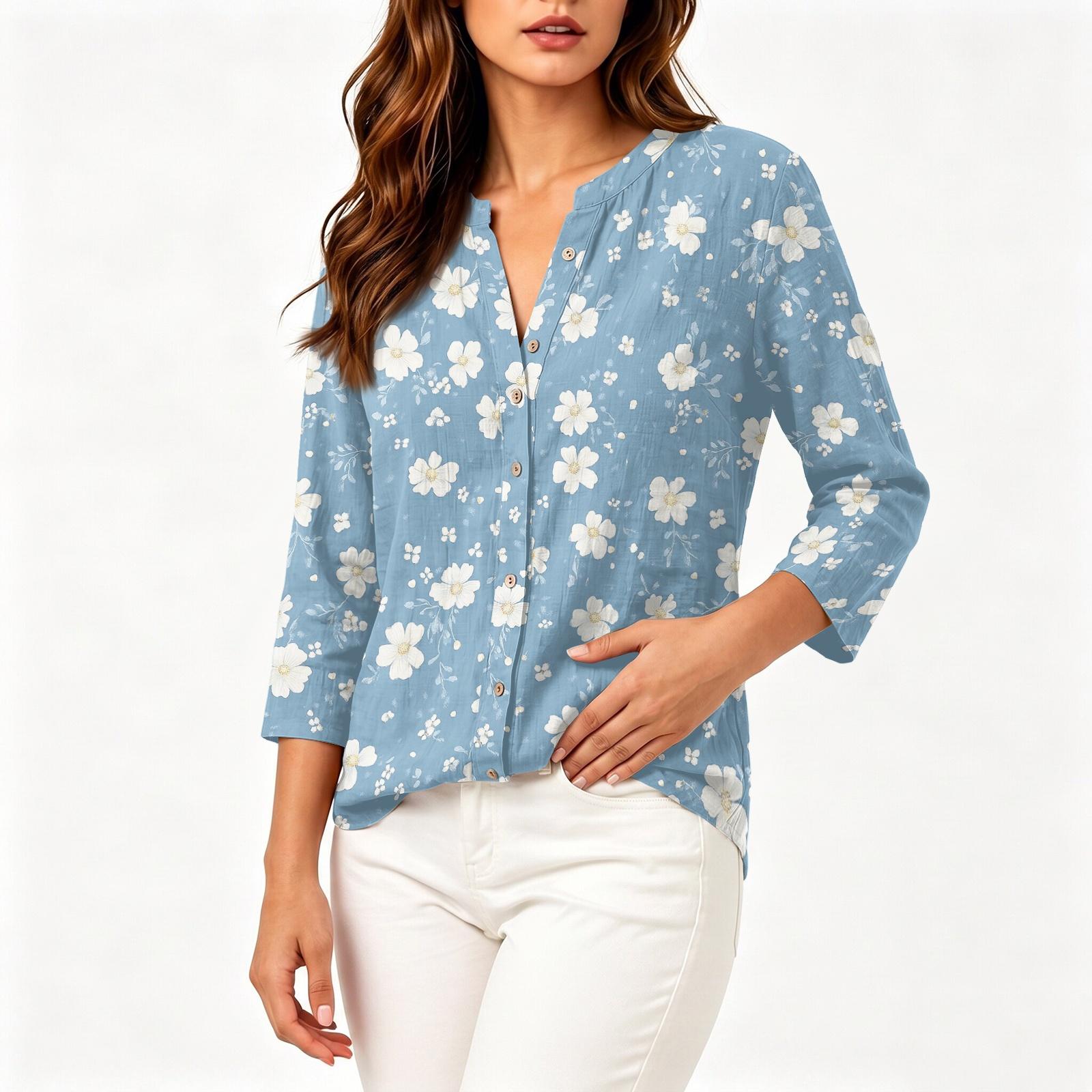 Womens Vintage Floral Print Button Front Henley Collar Shirt Three Quarter Sleeve Casual Cotton Linen Blouse L синий
