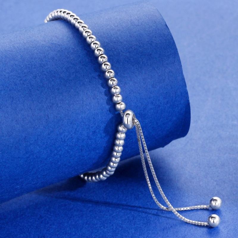 925 Silver Beaded Bracelet for Women Men Adjustable Handmade Ball Chain Jewelry Elegant Minimalist Party Wedding Gift