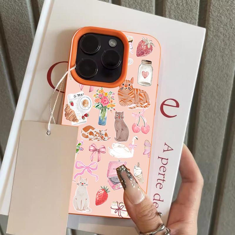Cute Cat Strawberry Lychee Texture Phone Case For iPhone 17 Pro Max 16 15 14 13 12 11 Pro 14 15 Plus 17 Air Silicone Soft Cover