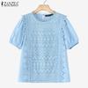 ZANZEA Women Casual Round Neck Short Sleeve Loose Crochet Patchwork Blouse