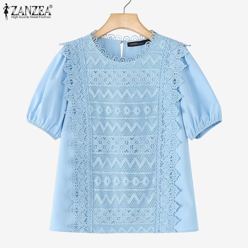 ZANZEA Women Casual Round Neck Short Sleeve Loose Crochet Patchwork Blouse