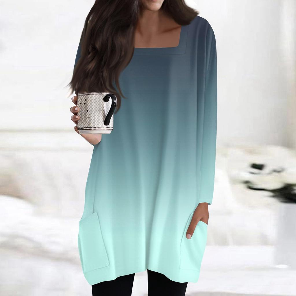 Womens Tops Square Collar Long Sleeve Blouses Casual Mid-length Shirts Fashion Print Tunic Tops With Pockets