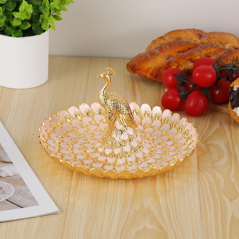 Luxury Golden Peacock Fruit Tray, Palace Banquet Dining Table Snack Cake Food Storage Salver, Holiday Wedding Decoration Props