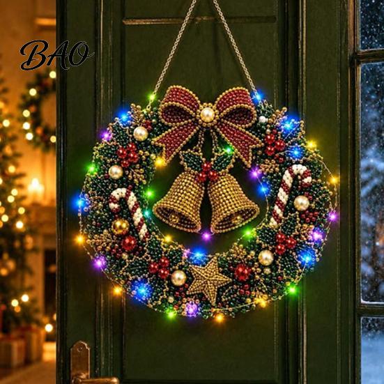 Festive Door Hanging Ornament DIY Acrylic Christmas Faux Pearl Art Kit, Lighted Wreath 3D Beaded Craft Mantelpiece Kit with LED String Light, Beginner