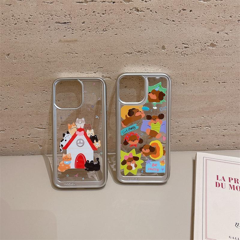 Custodia di lusso in TPU trasparente elettroplaccato con motivo a gattino e cucciolo per iPhone 15 Pro Max 14 13 12 Pro, con protezione anticaduta integrale e fiocco