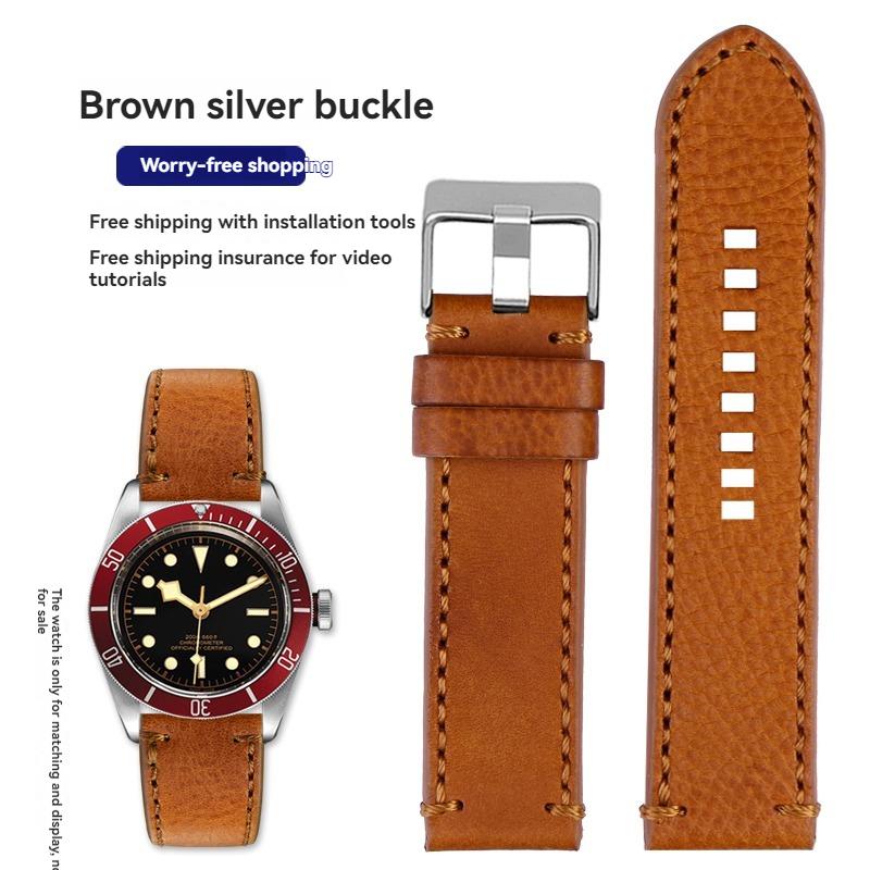 For TUDOR Black Bay Qicheng Bronze Little Red Flower Zenith Vintage Genuine Leather Watch Strap Men 22mm 23mm Cowhide Wristband