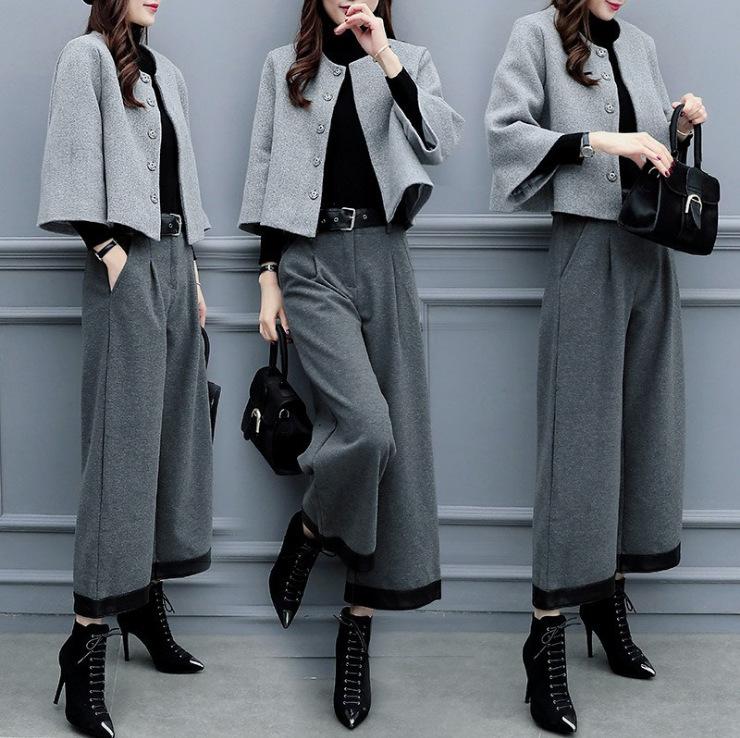 Women's Autumn  Winter Plus Size Two-piece Pants Woolen Short Jacket Wide-leg Pants Casual Fashion Suit