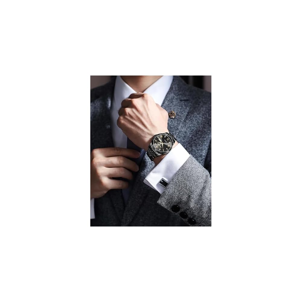 PINDOWS Men's Analog Quartz Watch with Diamond, Waterproof, Luminous Date, Stainless Steel Band