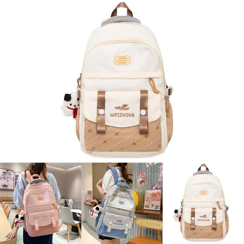 Color Blocked Letter Embroidery Student Backpack With Plush Pendant For Daily Use