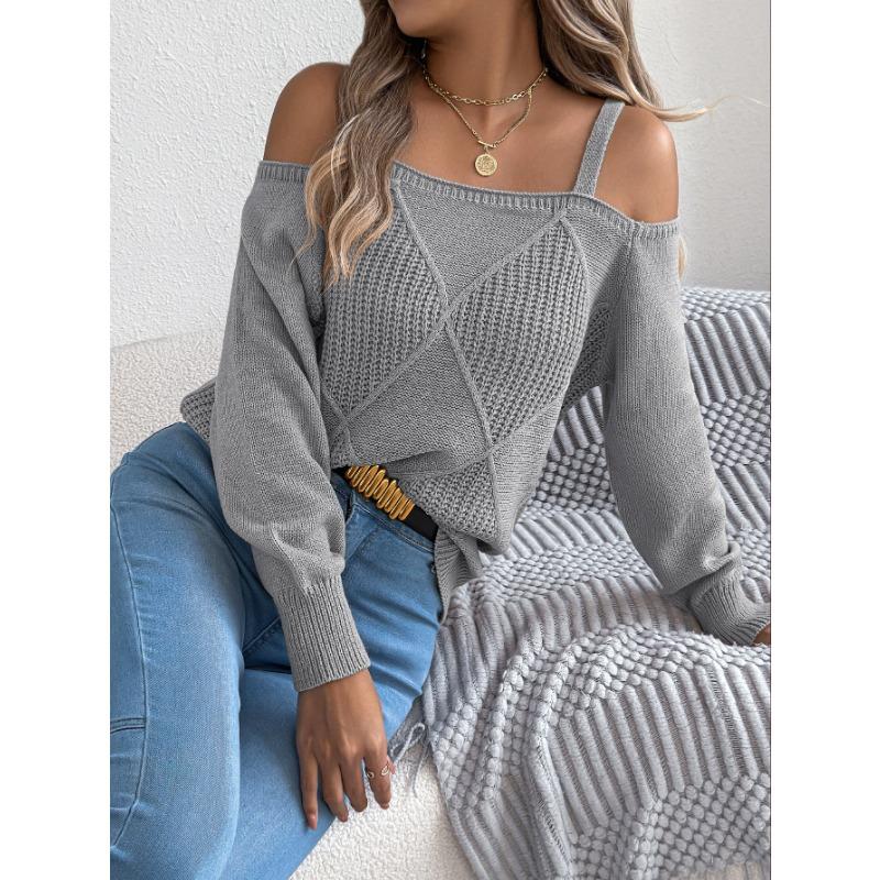 Women S Solid Off Shoulder Lantern Sleeve Pullover Sweater