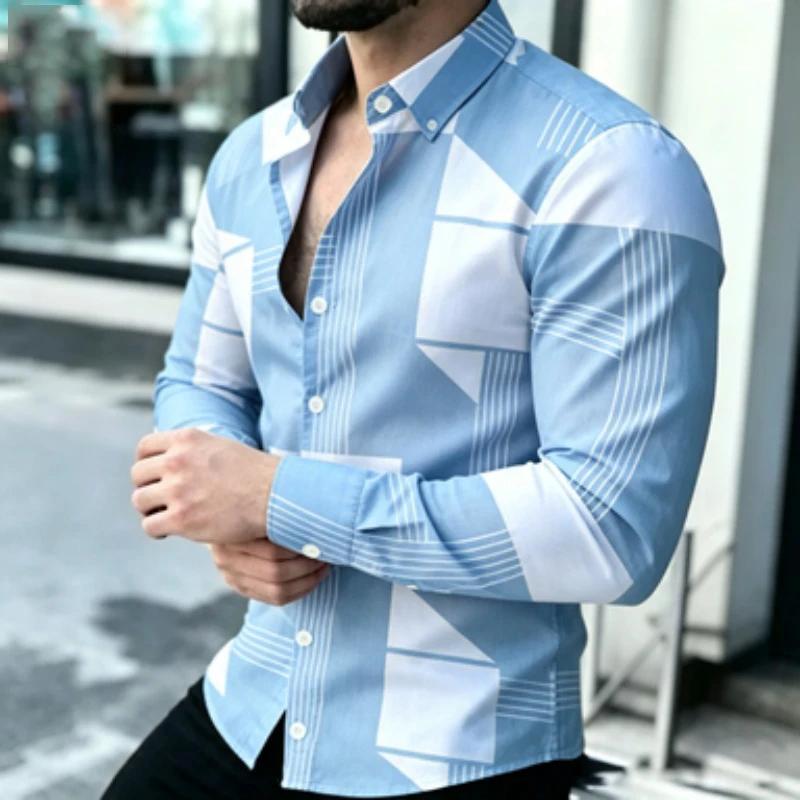 Trendy Geometric Pattern Long-sleeve Men's Shirt, Versatile for Daily and Smart Casual Looks.