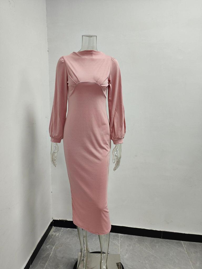 Elegant European & American Pleated Solid Color Dress with Split Sleeves