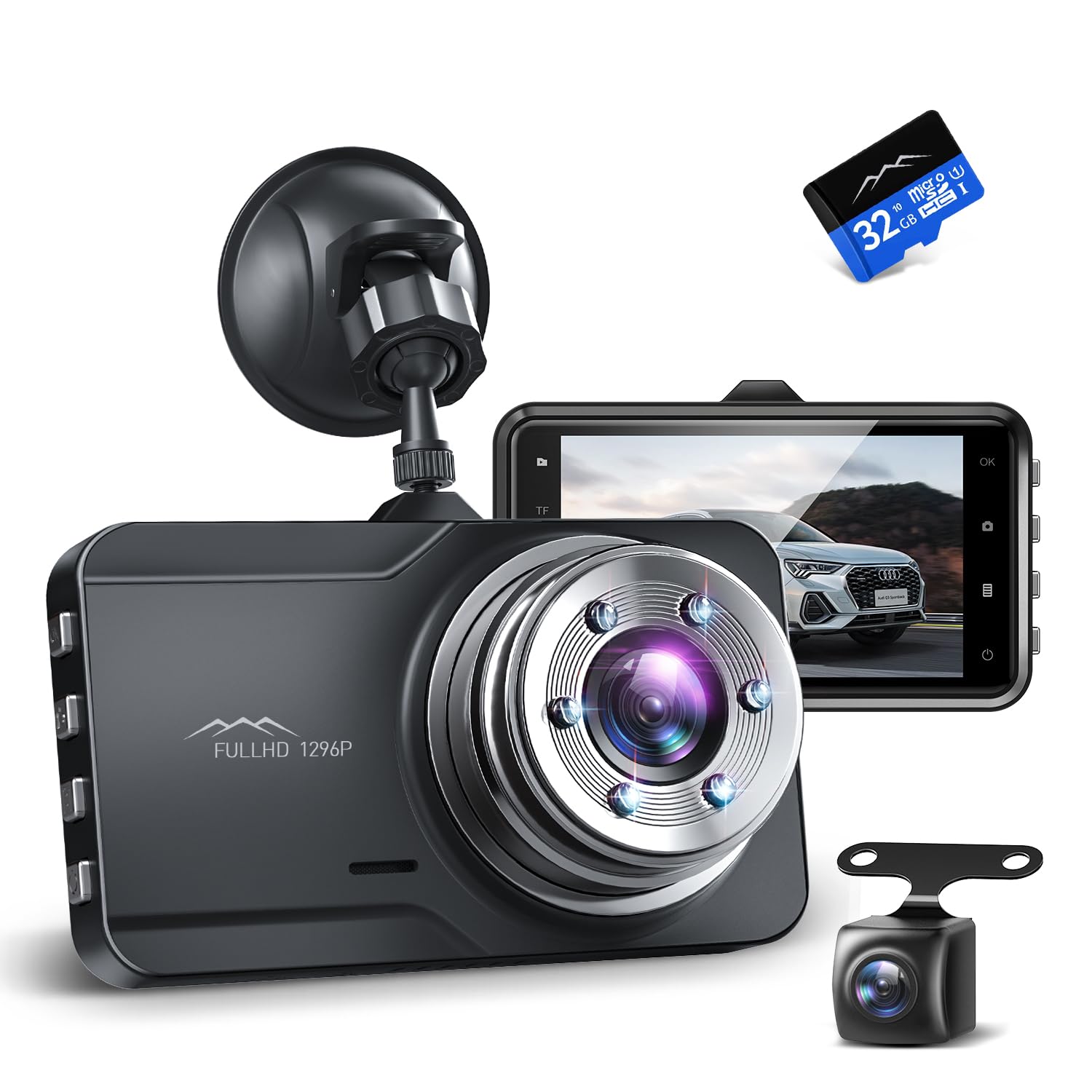 

Dash Camera, Front & Rear Camera, Small Size, 3 Megapixels, 1296P Full HD, LED чёрный
