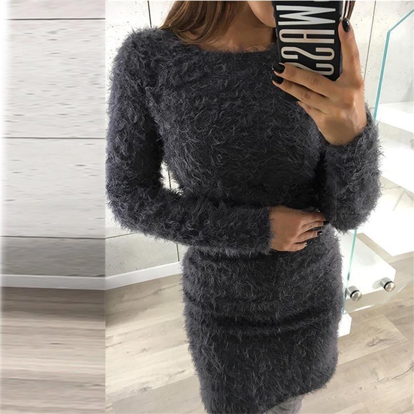 Women's Fluffy Long Sleeve Sweater Top Cozy Bodycon Mini Jumper Dress Blouse
