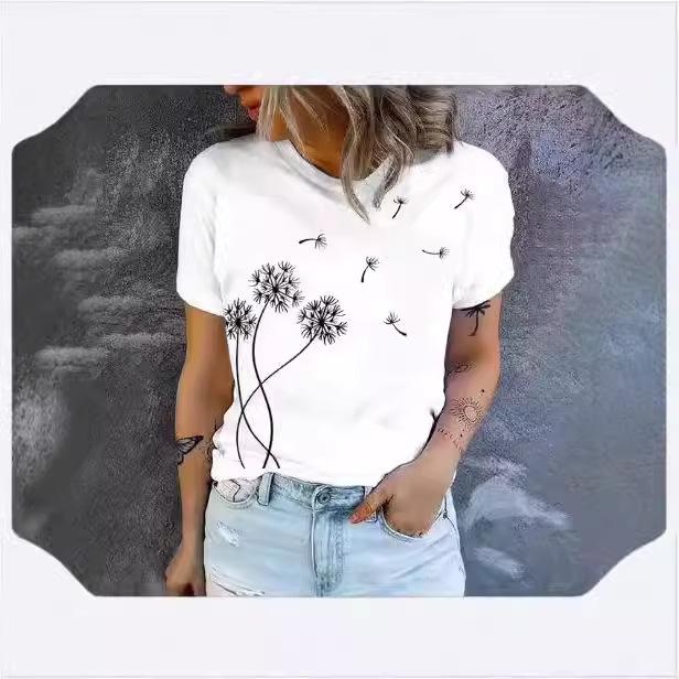 High quality loose and comfortable short-sleeved top summer trend casual women's T-shirt fashion simple dandelion print T