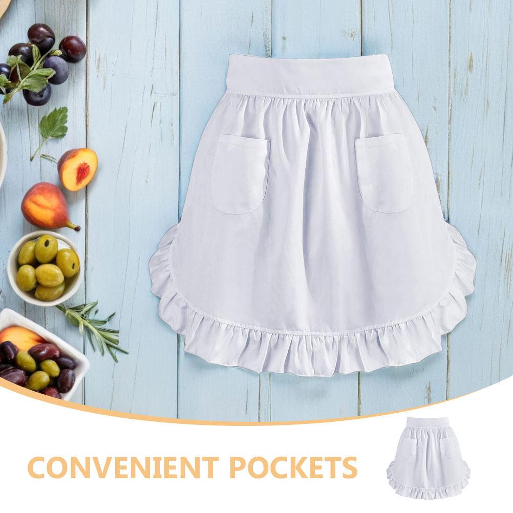 Grembiule da cameriera in stile europeo bianco, a mezza vita, morbido poliestere, bordi arricciati, 2 tasche, per cucina, cucina, cameriera, server