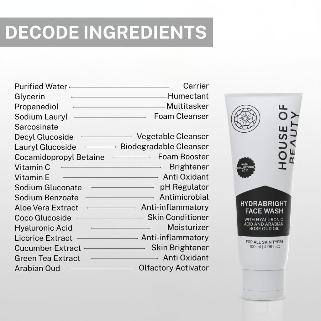 House of Beauty India HydraBright FaceWash - Face Brightening Facial Cleanser (100ml), Hydrating, Nourishing, for All Skin Types