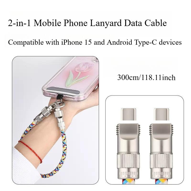 2 in 1 Phone Lanyard Charging Cable Braided PD 60W Fast Charging for iPhone 15 USB C C-C 60W 0.3M