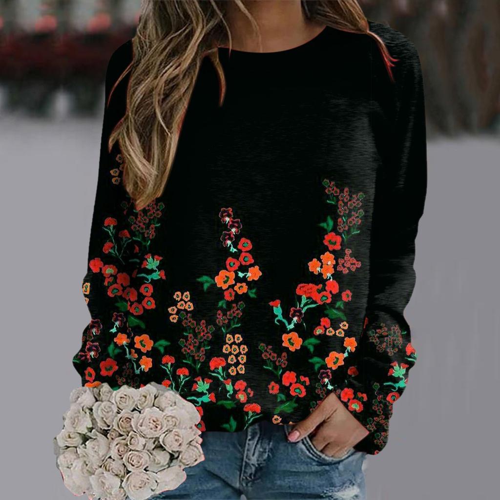 Fashionable Retro 3D Floral Print Women's Casual Round Neck Long Sleeved T-shirt
