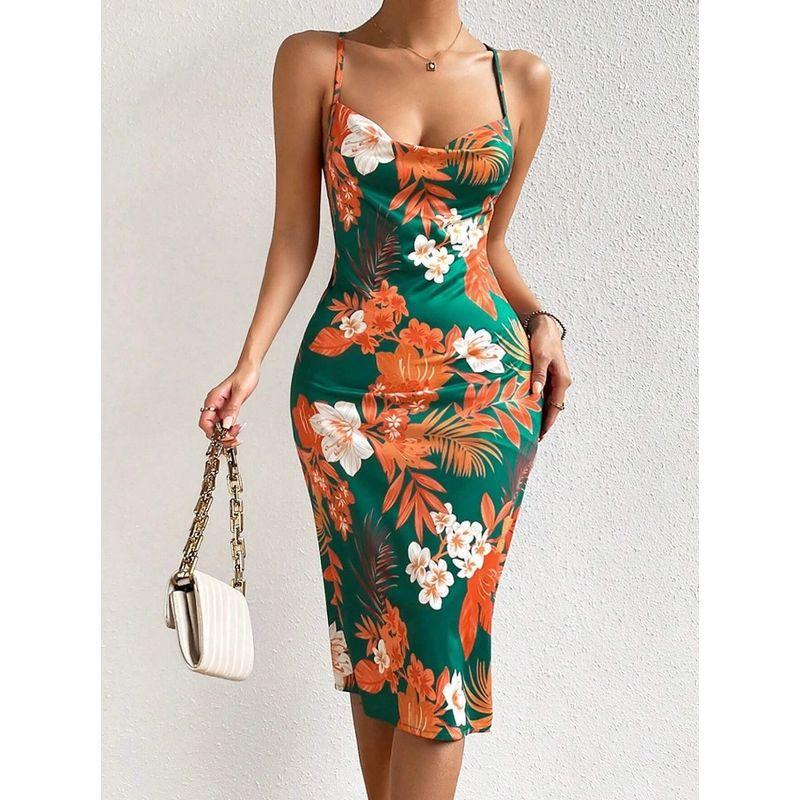 Western Style Summer New Sexy Sexy Sling Backless Lace-up Slim fit Slimming Big Flower Pattern Sleeveless Dress