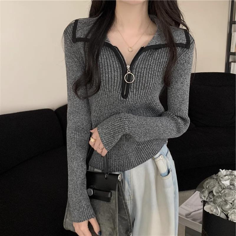Women's Autumn and Winter Base Knitted Blouse with Color-Blocking Design Half-Zip Turn-Up Collar Slimming and Figure-Highlighting