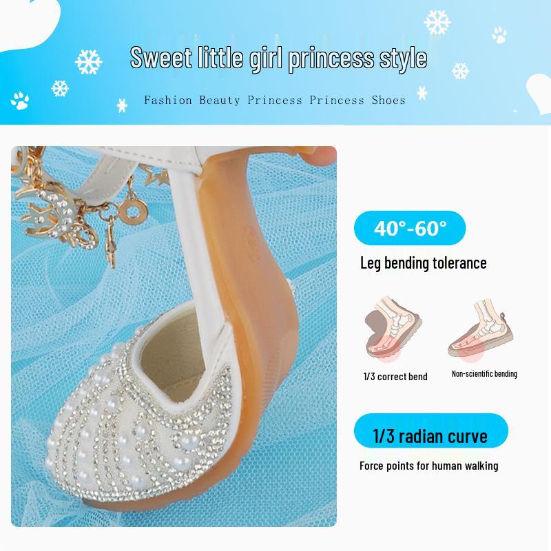 Silver Crystal Low-Heel White Leather Princess Shoes for Girls