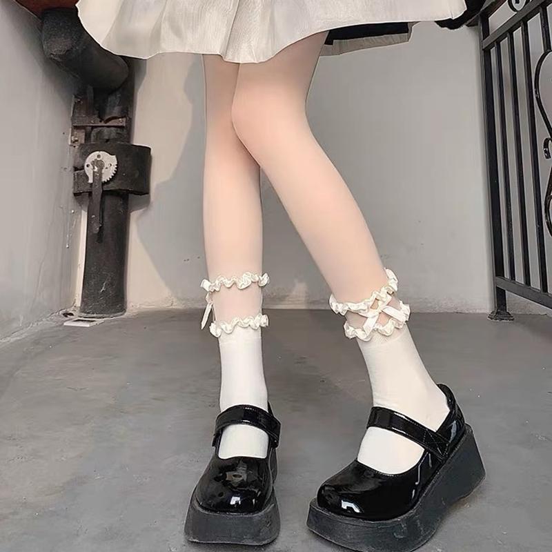 

Милые женские носки средней длины с бантом и оборками, черные, белые, JK Lolita, летние, тонкие, короткие носки Harajuku Kawaii белый