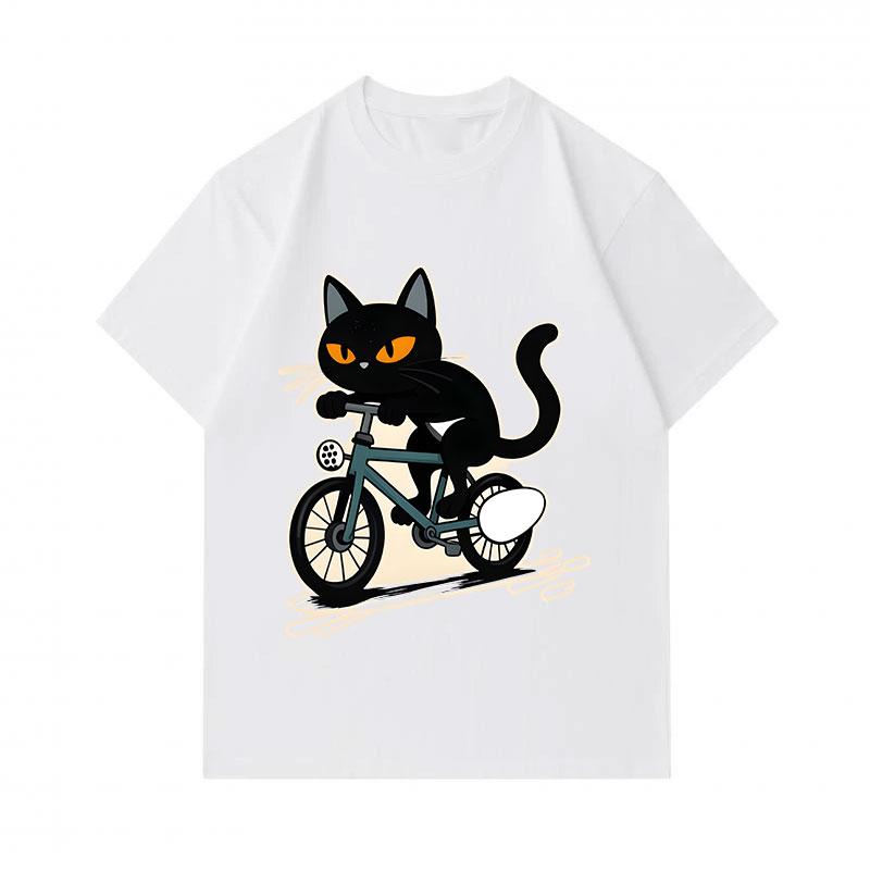 Men's 100% Cotton Crew Neck Short Sleeve T-Shirt, Funny Riding Bicycle Black Cat Graphic Casual Tee, Comfortable Breathable Summer Top for Daily Stree