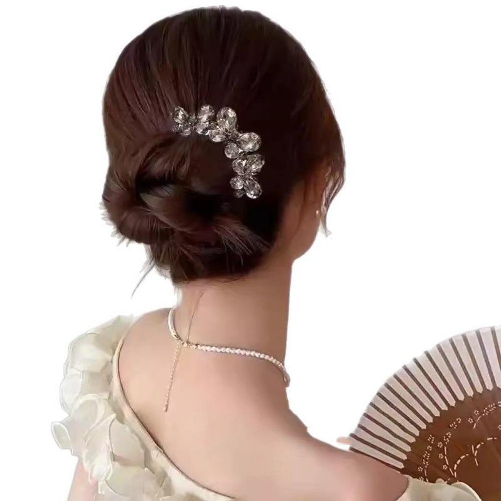 1pc Luxury Rhinestone Butterfly Hair Stick for Women Vintage Elegant Metal U-Shaped Flower Hair Pin Combs Bun Hair Accessories