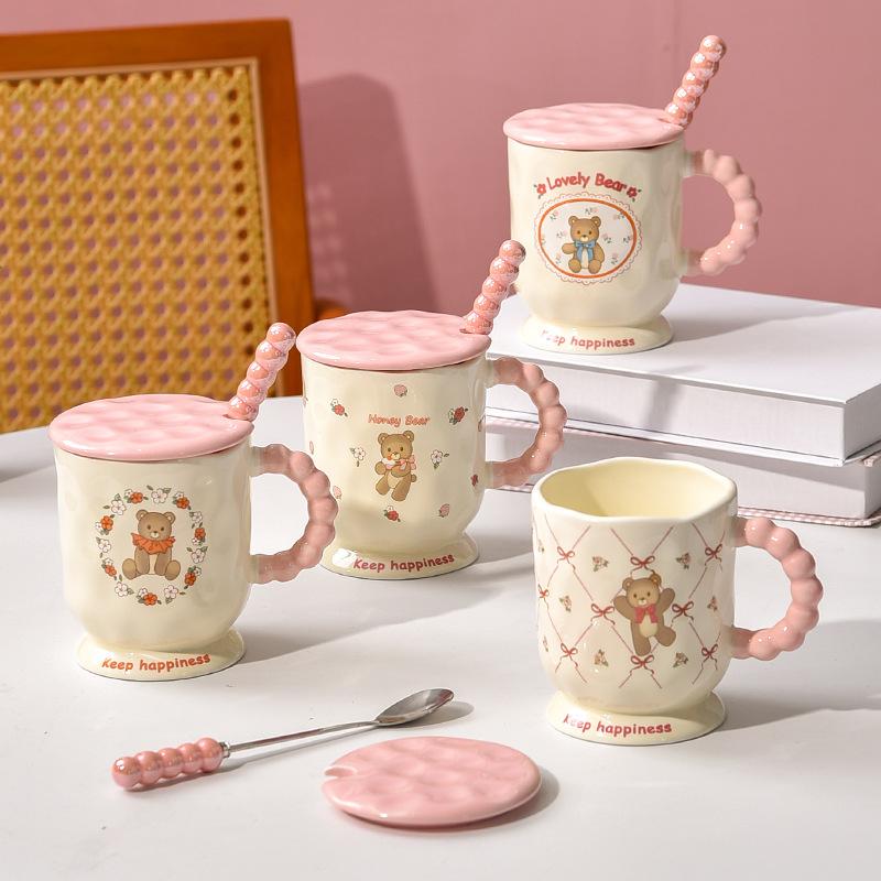 Niedlicher Bärenbecher mit Deckel und Löffel zum Verschenken an die beste Freundin Rosa Mädchen Büroangestellte Tasse Zuhause Frühstückstasse Keramik
