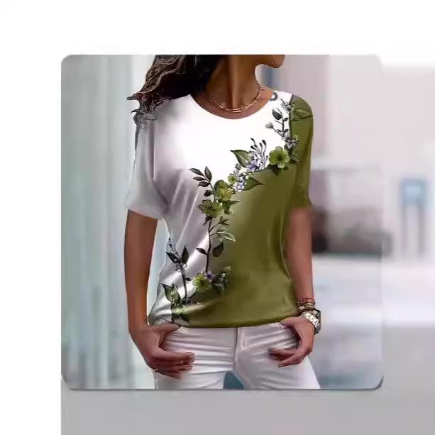 2024 New Women's T-Shirt Fashion Crew Neck Flower Printing Casual Daily Women's Top Summer Trend Loose