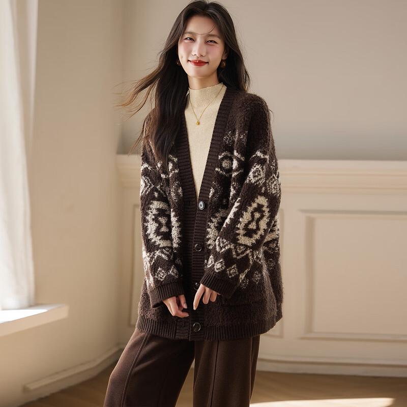 Srcr Women's 100% Wool Jacquard Knit Cardigan