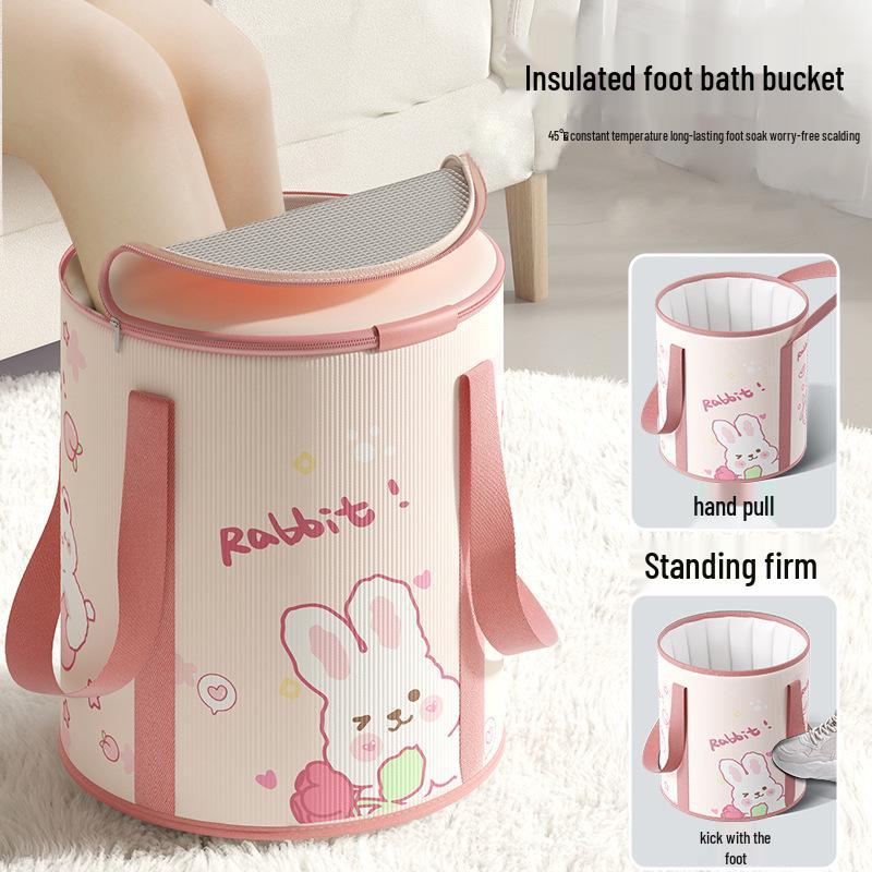 Cartoon Insulated Folding Foot Bath Bucket with Lid - Portable, Thickened Design for Deep Soak