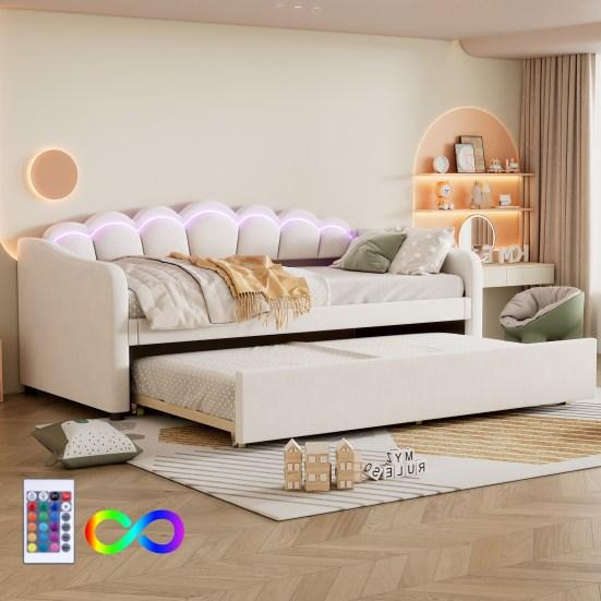 Day Bed 90x200cm with Extendable Bed Sofa Single Flat (without Mattress) Velvet Color-Changing Ambient Light Remote Control Minimalist