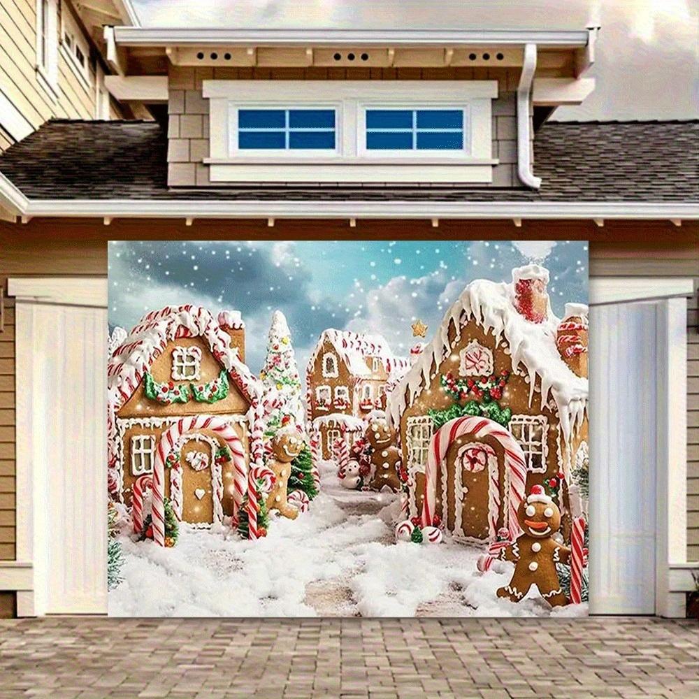 1pc Christmas Gingerbread Village Background - Winter Wonderland background and gingerbread House Candy Cane - Polyester
