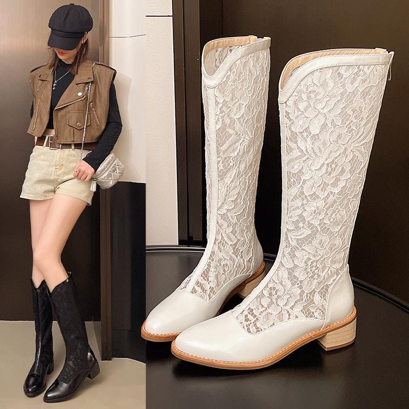 Fashion New Genuine Leather Printed Pointed Toe Black Mesh Sexy and Elegant Chunky Middle Heel Side Zipper Designder Boots Zapatos Mujer