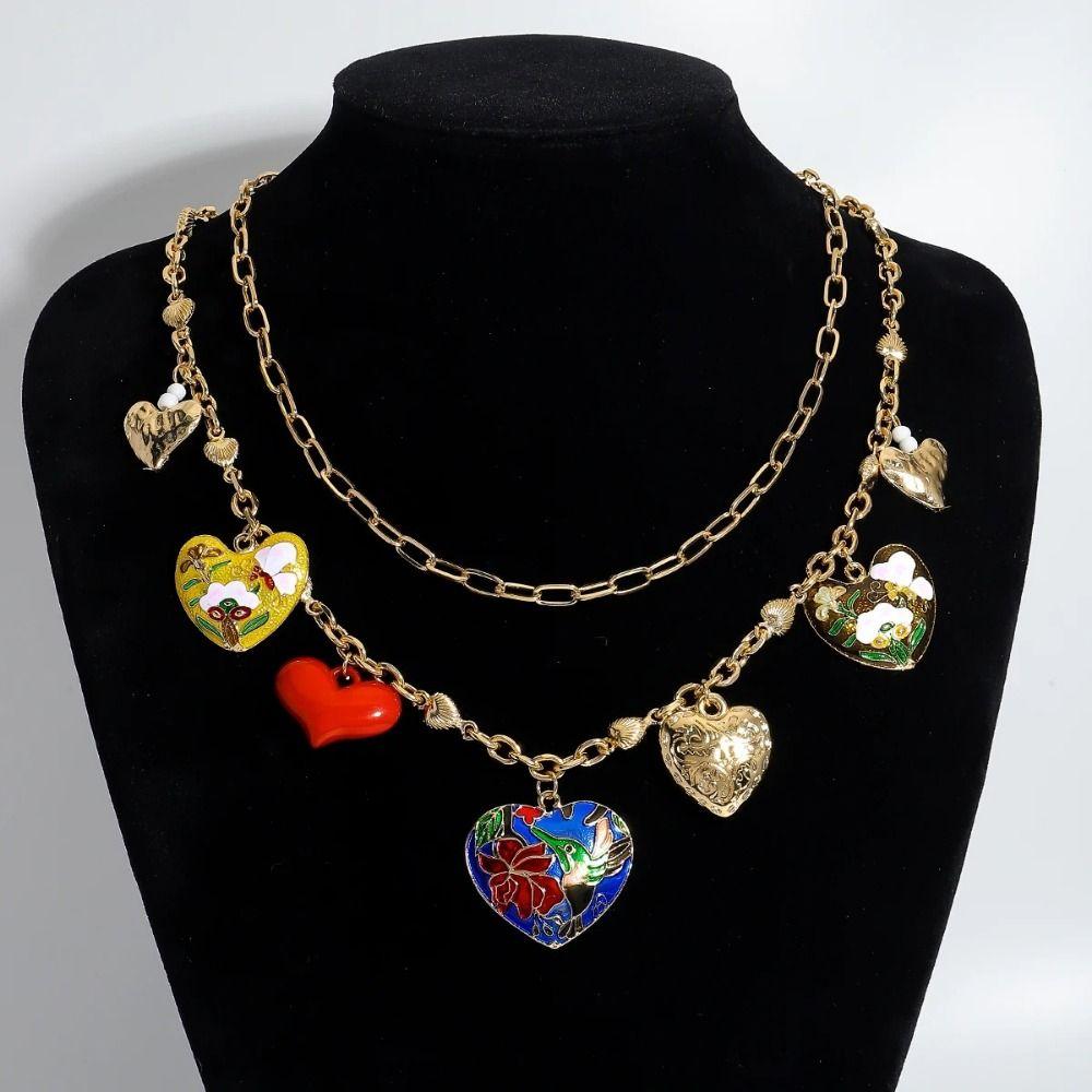 Dripping Oil Double Layer Necklace Flower Clavicle Chain Big Heart Pendant Necklace  Women