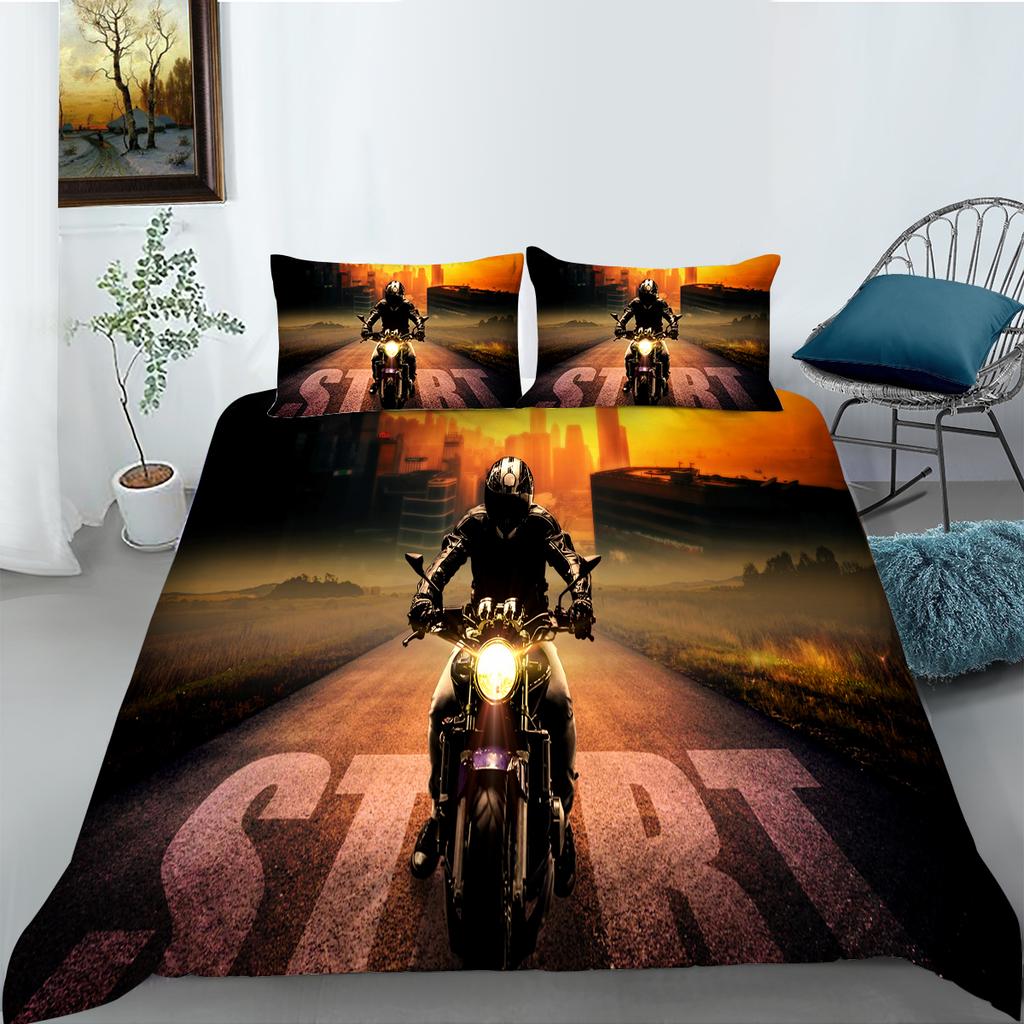 3D-Motorrad-bedrucktes Bettwäsche-Set im Industrie-Stil, Bettbezug, Kissenbezug-Set, Einzel-/Doppelbett, für Jungen und Jugendliche, cooler Bezug