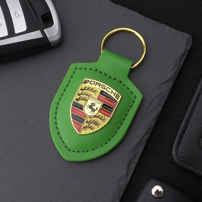 High Quality PU Leather Car Keychain Shield Alloy Keyring Pendant Gift For Porsche Cayenne Panamera Macan Boxster Cayman Sticker Mszh62