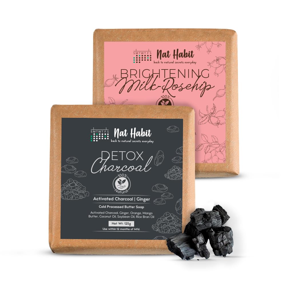 

Nat Habit Charcoal & Milk Rosehip Bath Soap Combo| Cold-Processed Soaps with Activated Charcoal, Ginger, Lactic Acid & Kokum Butter | Tan Removal, Oil